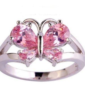 NEW 925 SS Pink Tourmaline Butterfly Fashion Ring